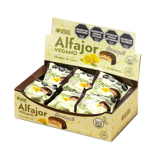 [BSAAKVLBCJ001] Alfajor Vegano Mousse Limon Bañado Animal Kind x 42gr x 18u x 1 caja 